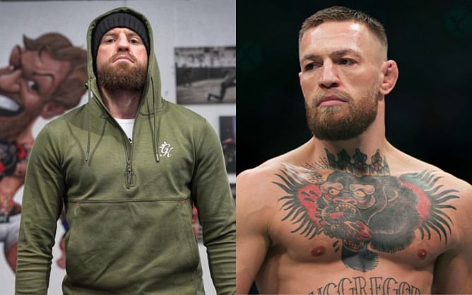 Conor McGregor reacts after teammate Peter Queally loses to Patricky Freire at Bellator 270
