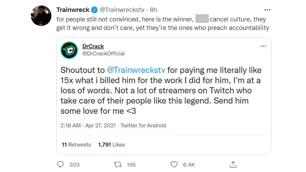 The streamer shared the original tweet by the actual winner of the contest (Image via TrainwrecksTV on Twitter)