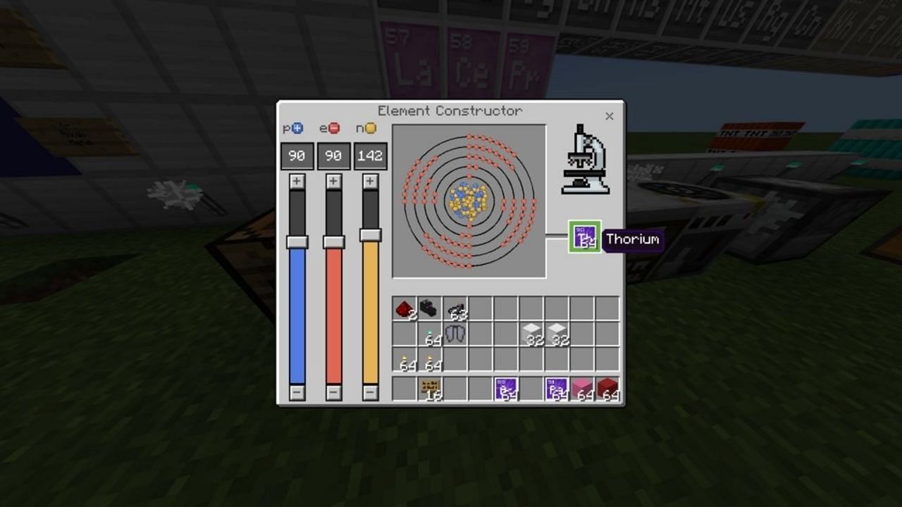 The element constructor&#039;s UI, featuring an atomic model and proton/neutron/electron sliders (Image via Mojang)