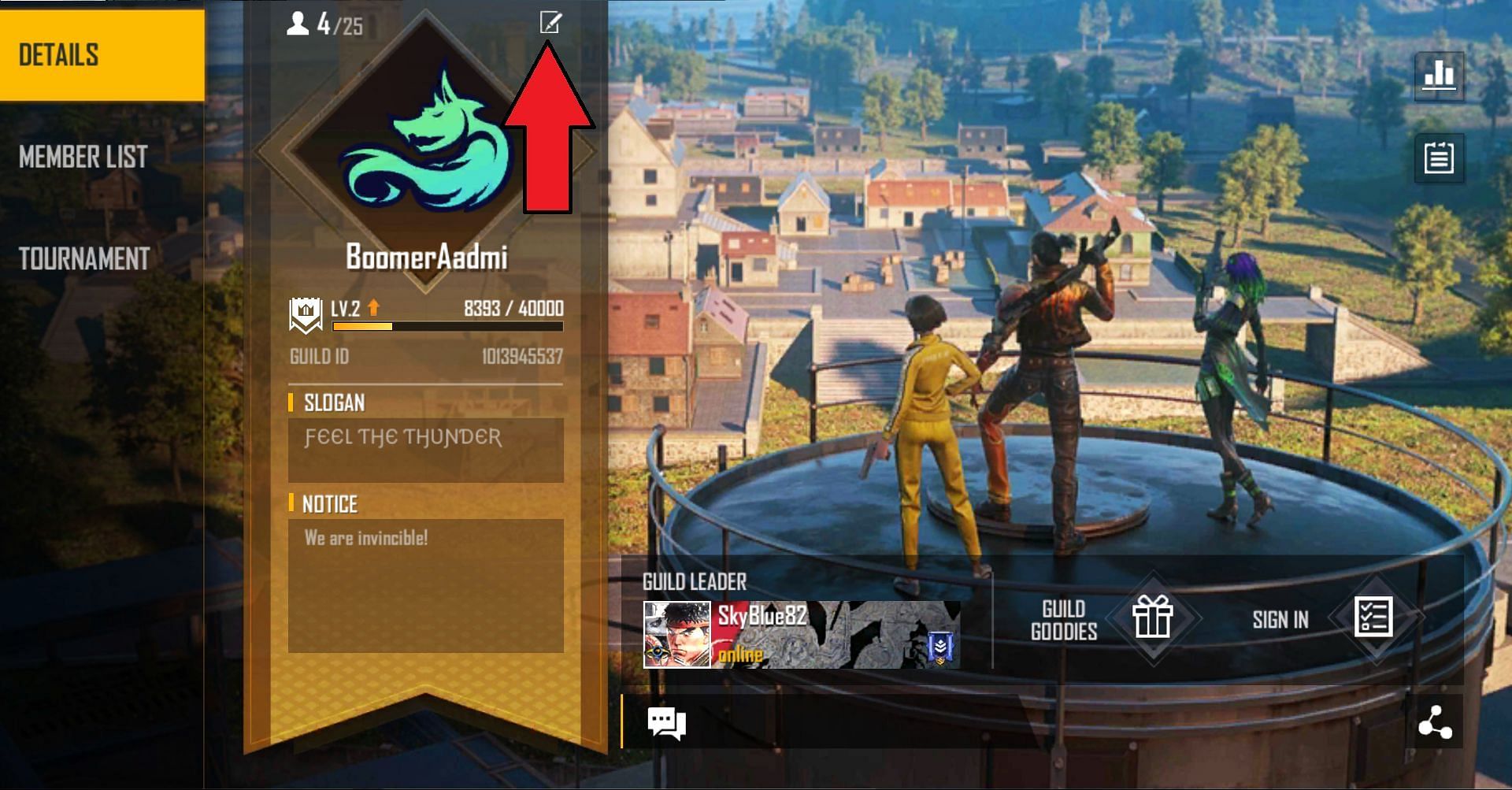 This will open the &#039;Guild Info&#039; box in Free Fire (Image via Free Fire)