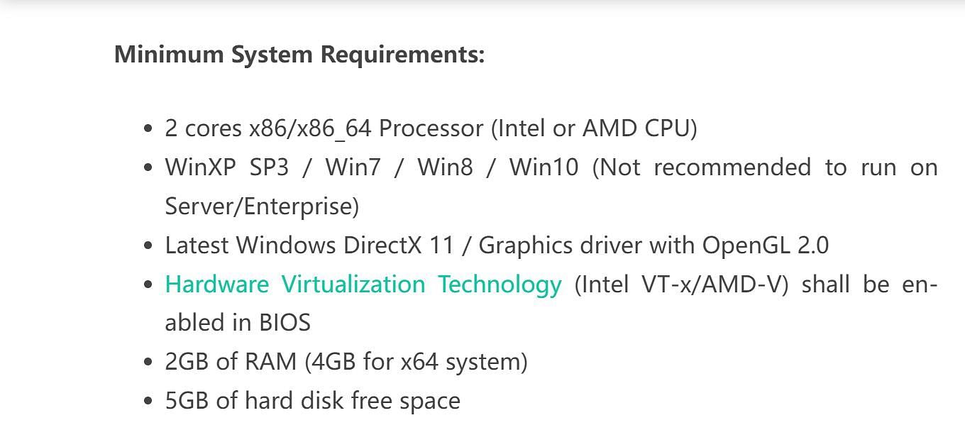 MEmu Play&#039;s minimum requirements (Image via MEmu Play)
