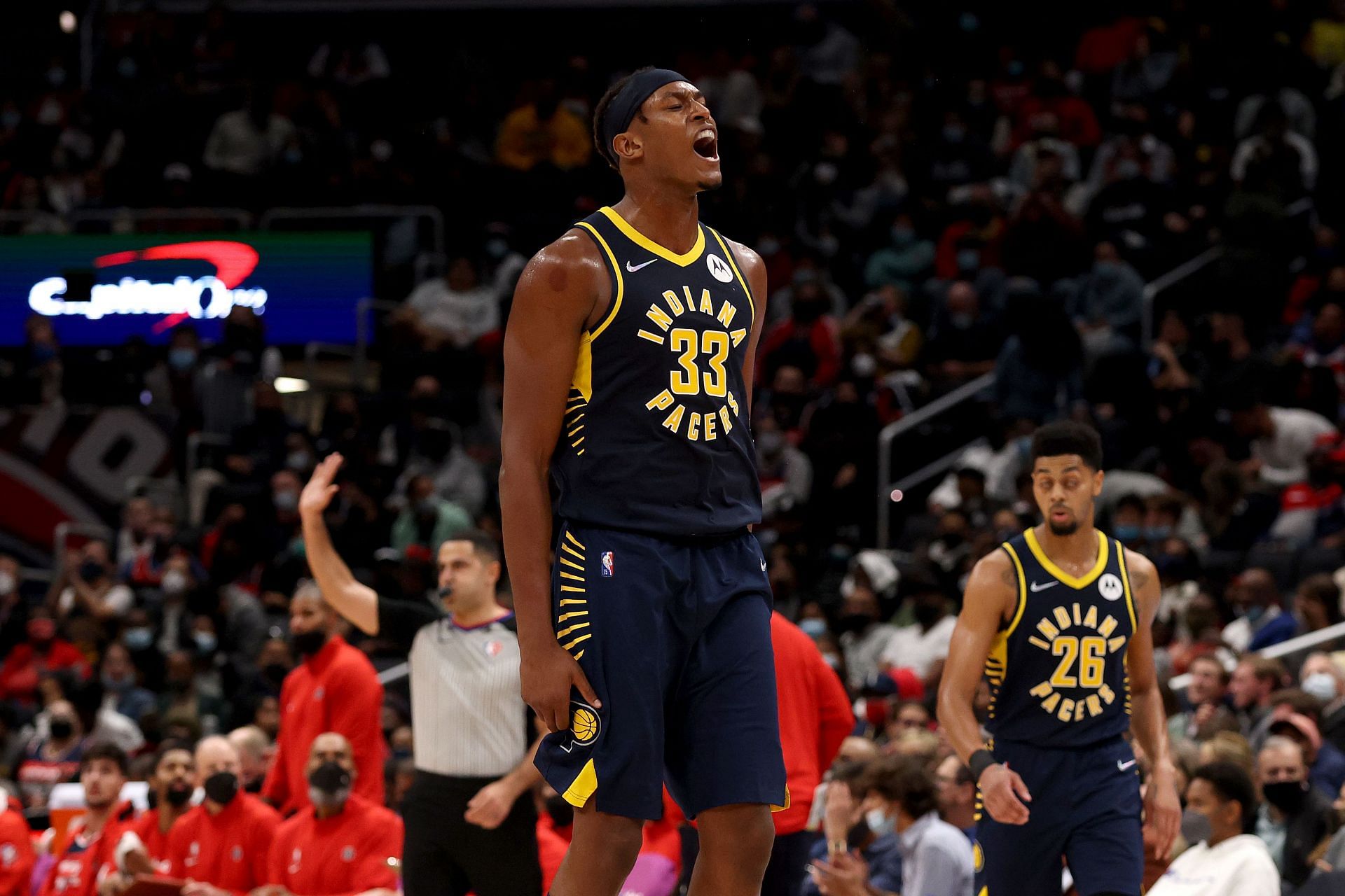 Myles Turner in action during the Indiana Pacers vs Washington Wizards game