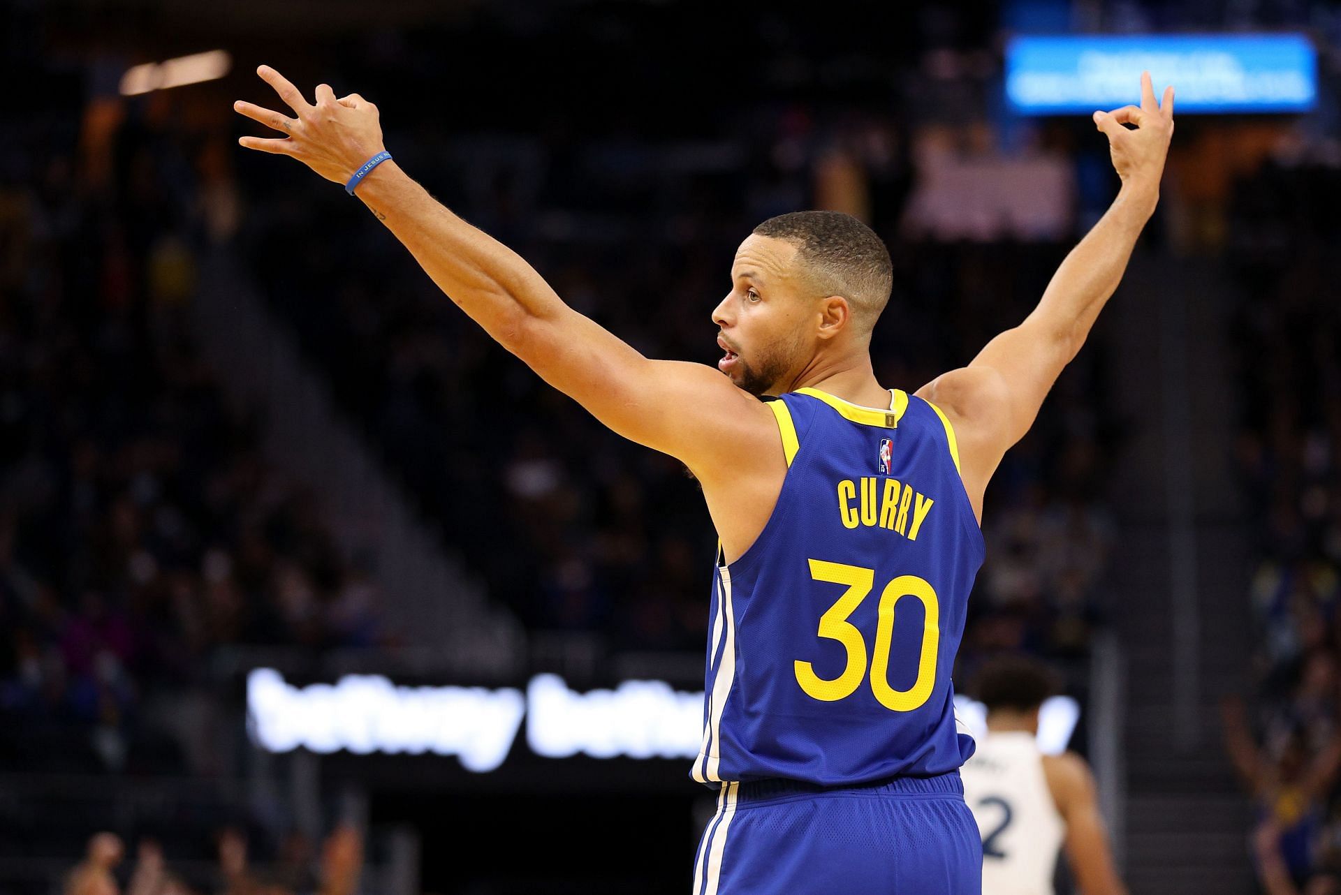 Stephen Curry of the Golden State Warriors celebrates a three-pointer
