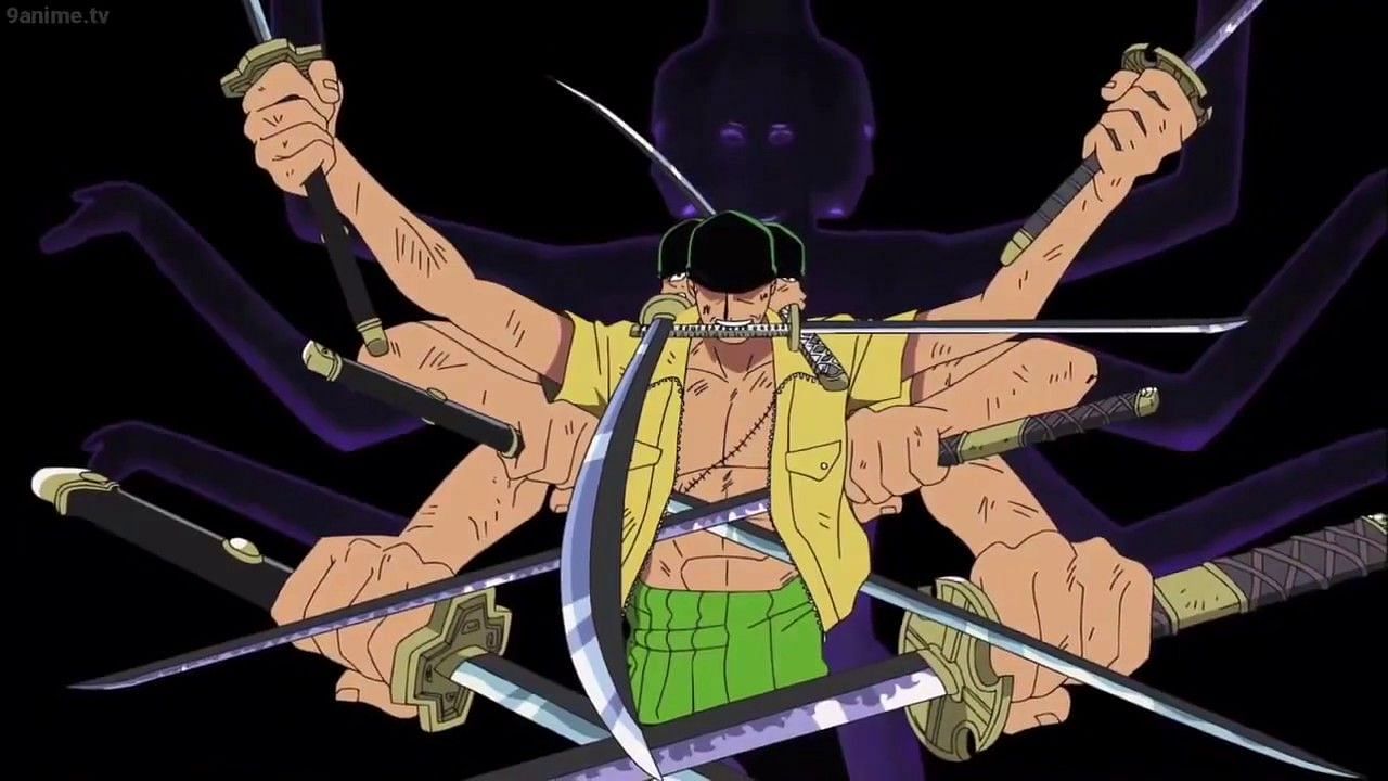Zoro utilizing the Demon Asura form in his Nine Sword Style (Image via Toei Animation)