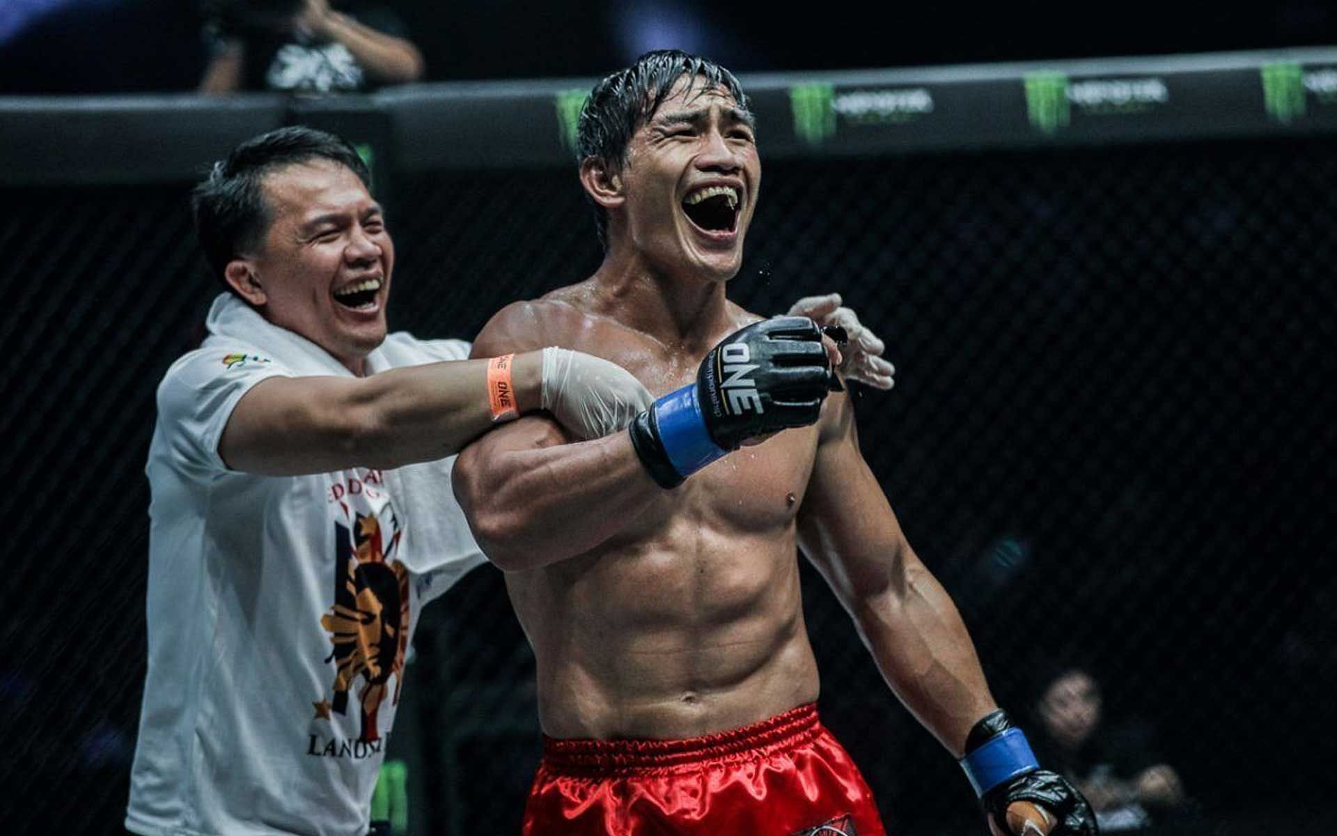 Eduard Folayang celebrates after defeating Japanese legend Shinya Aoki in 2016 [Photo courtesy of ONE Championship]