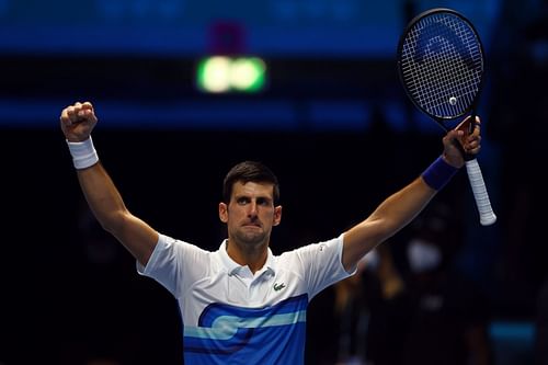 Novak Djokovic celebrates his win at the Nitto ATP World Tour Finals