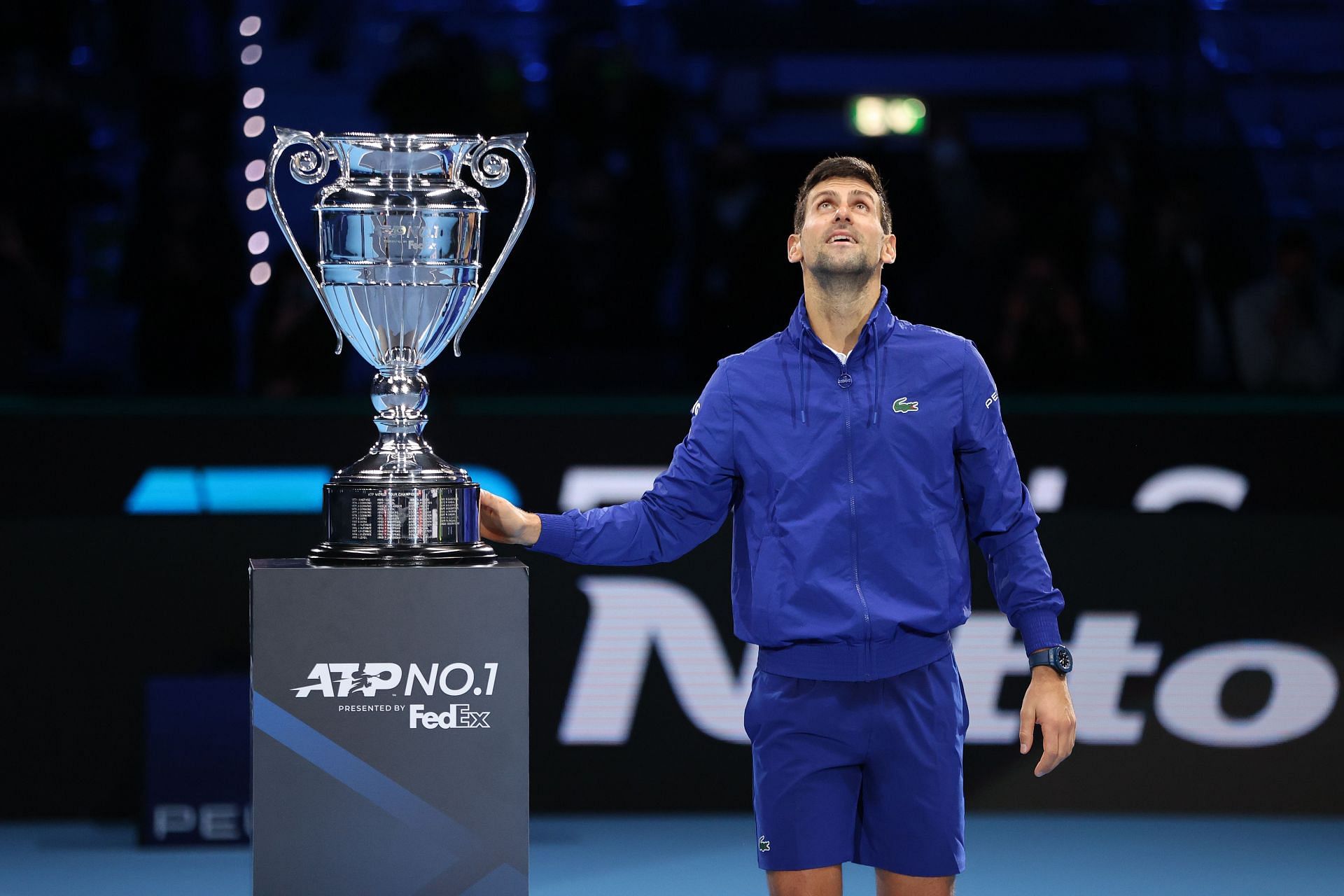 Novak Djokovic with his seventh ATP year-end No. 1 trophy at the 2021 Nitto ATP Finals