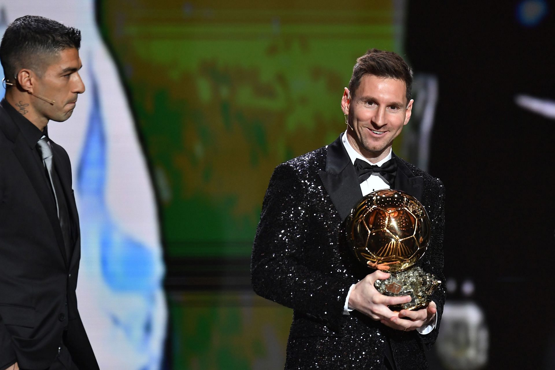 Lionel Messi holding his seventh Ballon d&#039;Or award