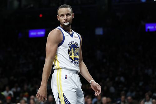 Stephen Curry of the Golden State Warriors looks on during the second half of a 117-99 win over the Brooklyn Nets at Barclays Center on Nov. 16, 2021, in the Brooklyn borough of New York City.