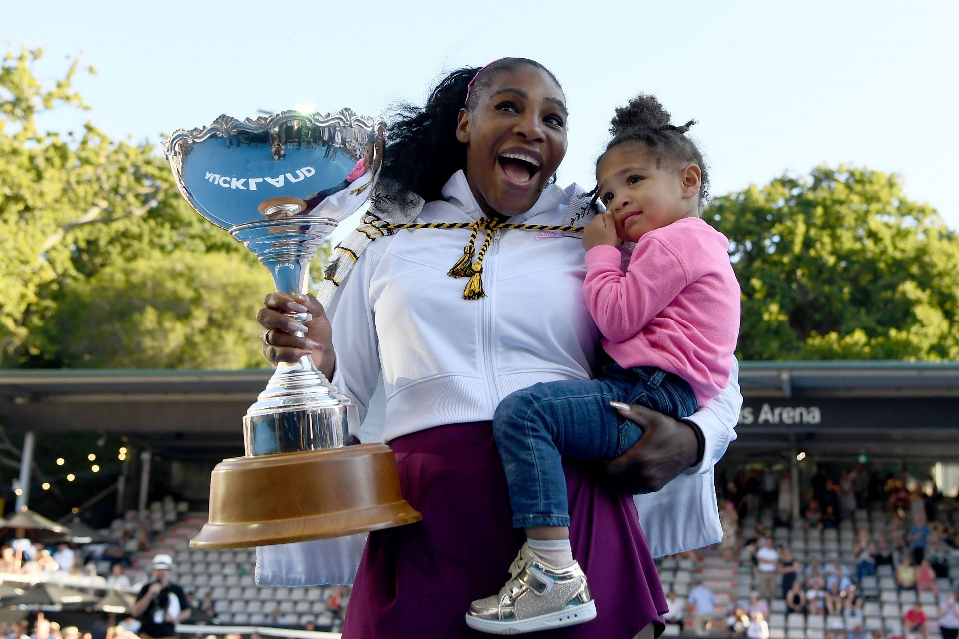 Serena Williams with daughter Olympia after winning the 2020 Women&#039;s ASB Classic