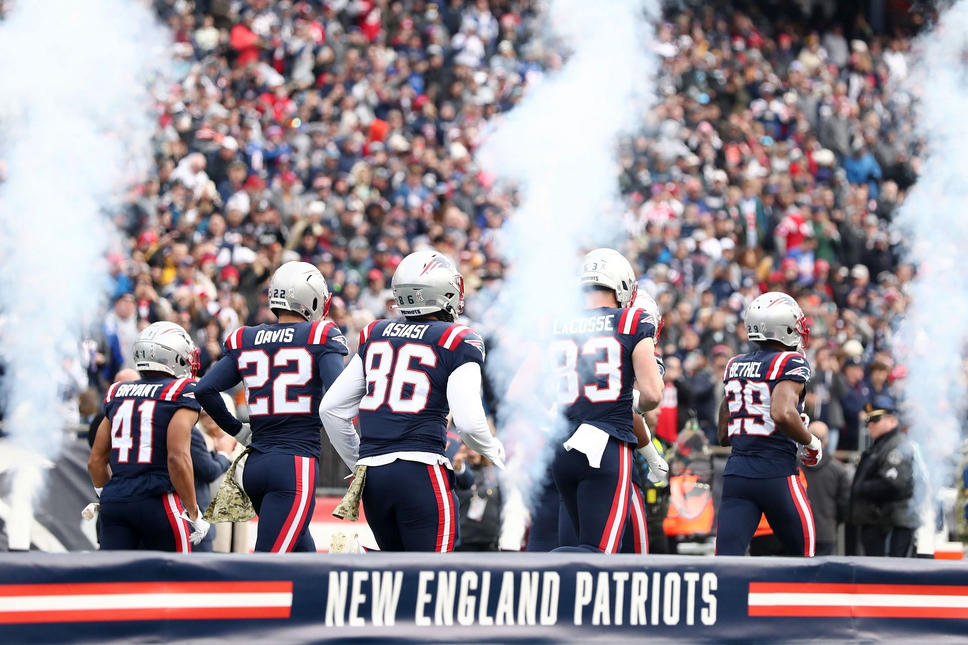The New England Patriots coming out for their game against the Cleveland Browns in Week 10