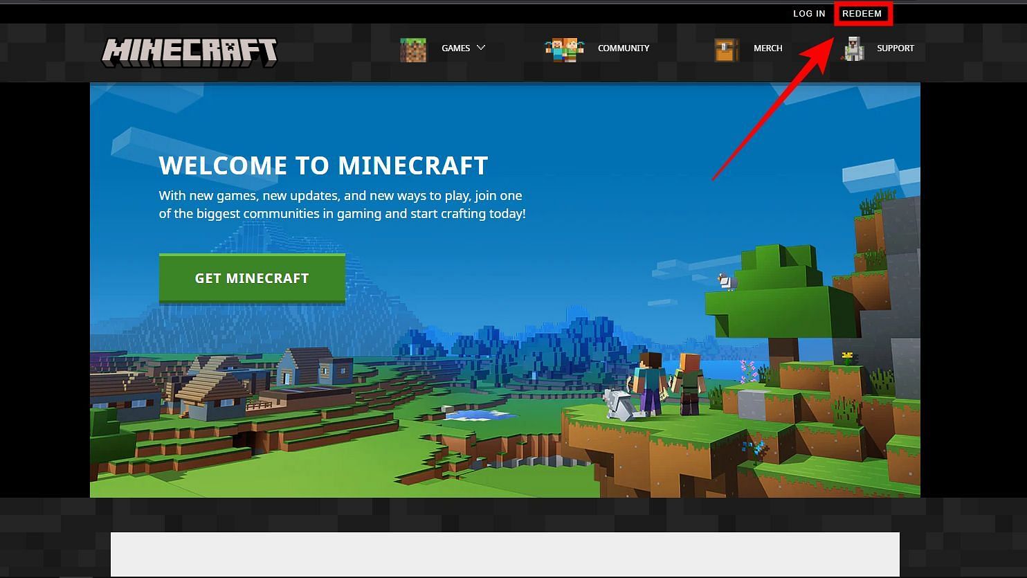 Redeem button on Minecraft site (Image via Minecraft.net)