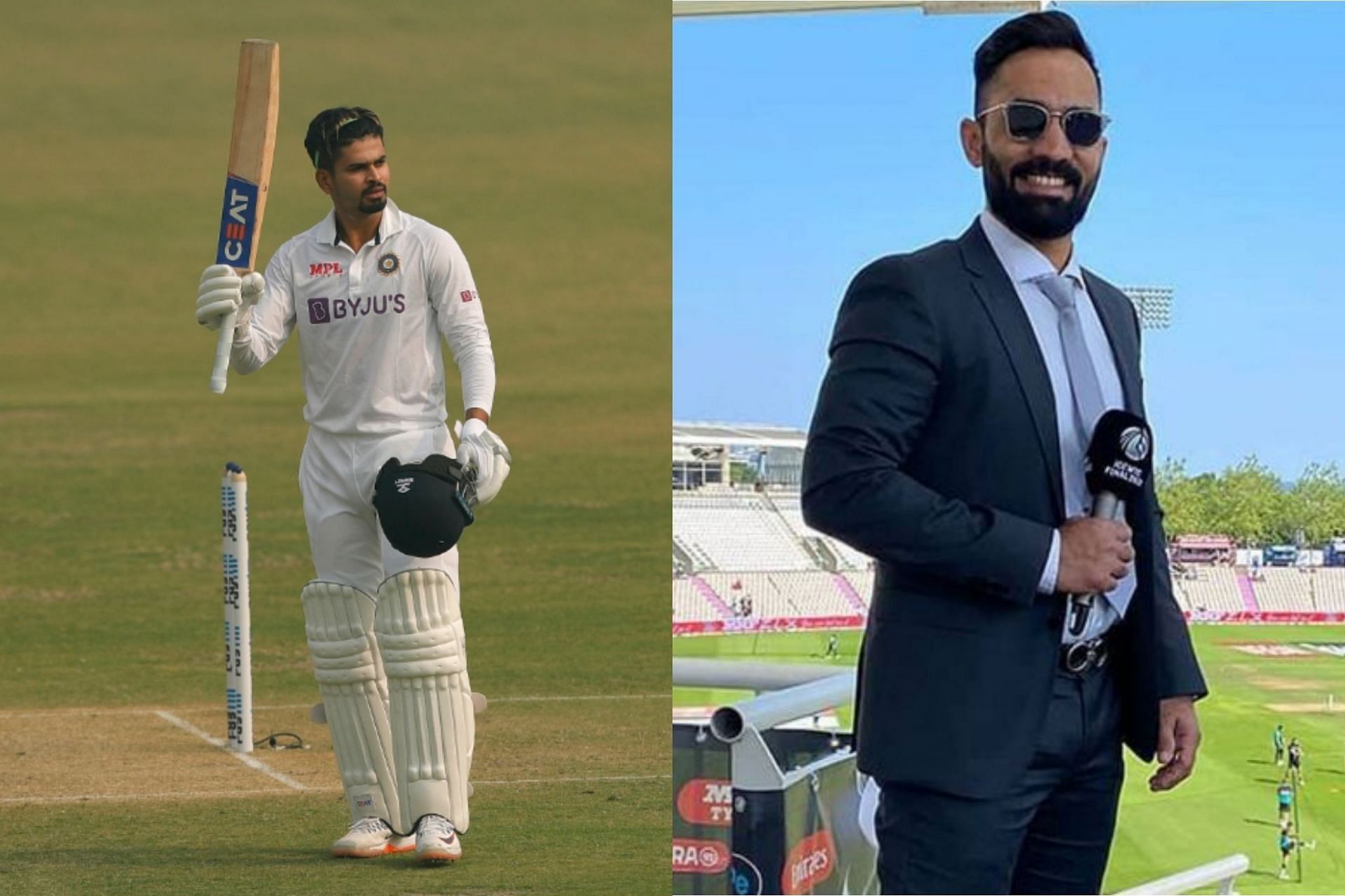 Dinesh Karthik (L) lauds Shreyas Iyer (R) following latter&#039;s debut Test hundred against New Zealand