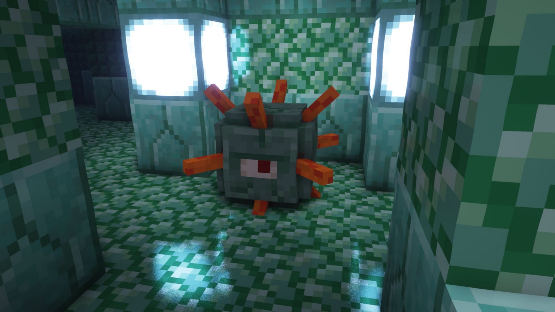 A guardian inside an ocean monument (Image via Minecraft)