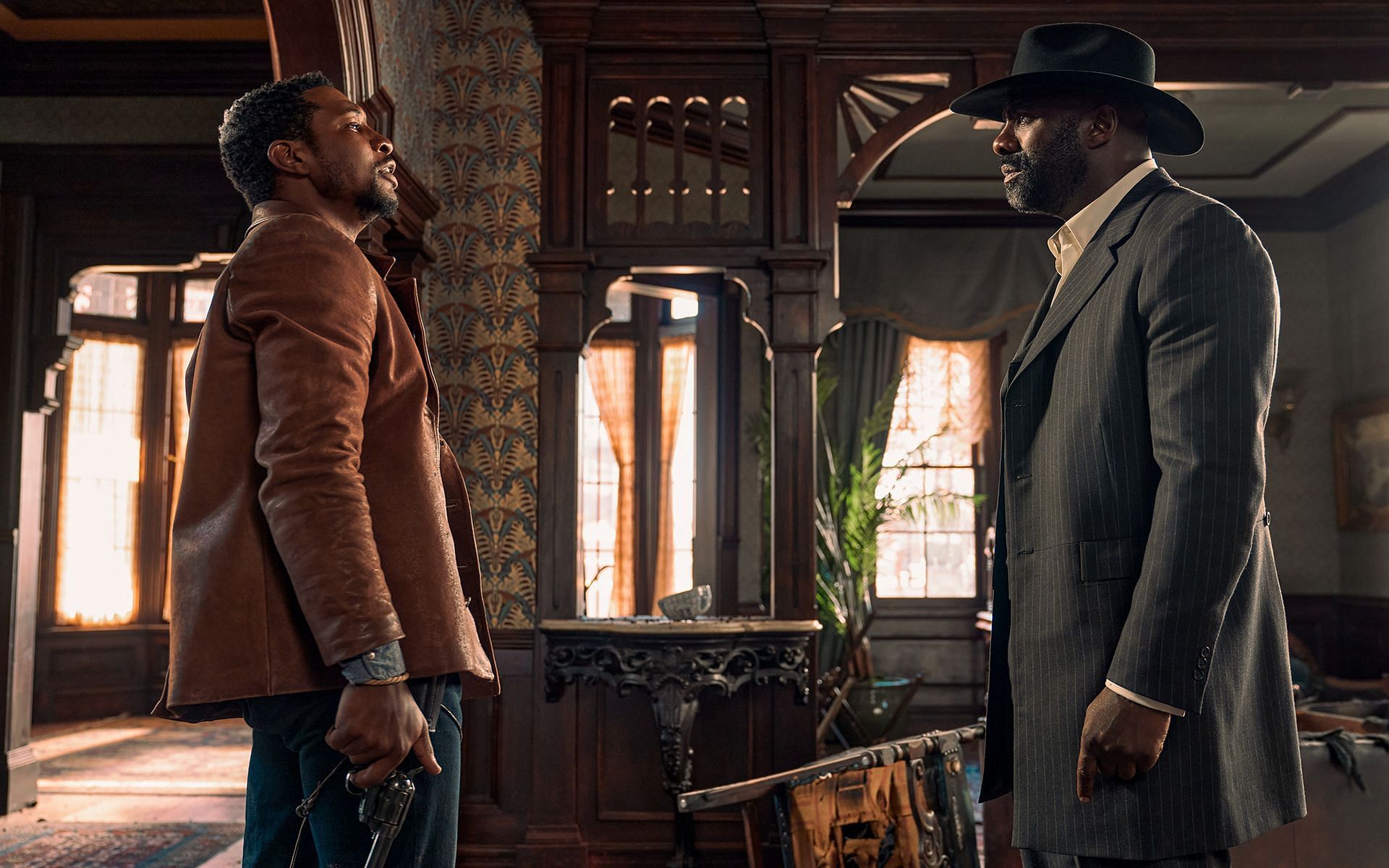 Still from Netflix&#039;s The Harder They Fall starring Jonathan Majors and Idris Elba (Image via Netflix)