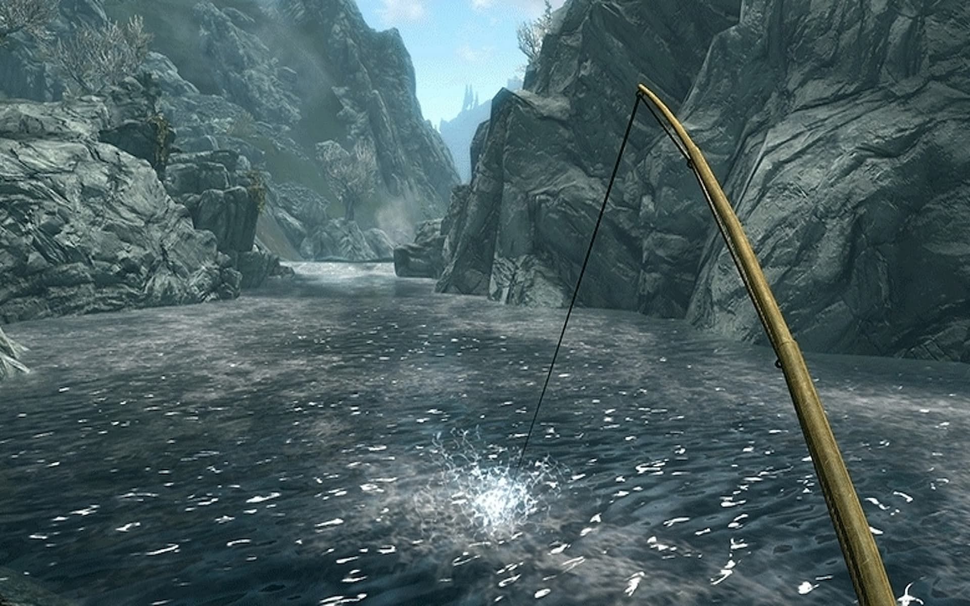 A player fishing in Skyrim. (Image via Bethesda)
