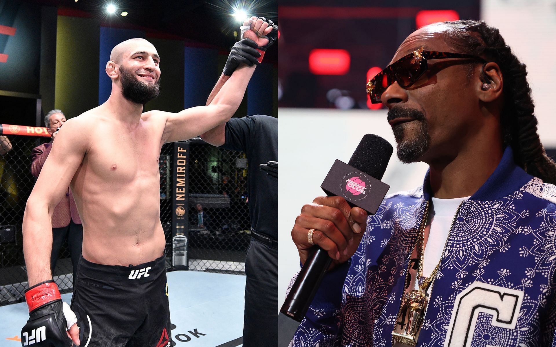 UFC welterweight contender Khamzat Chimaev (left) and rapper Snoop Dogg (right)