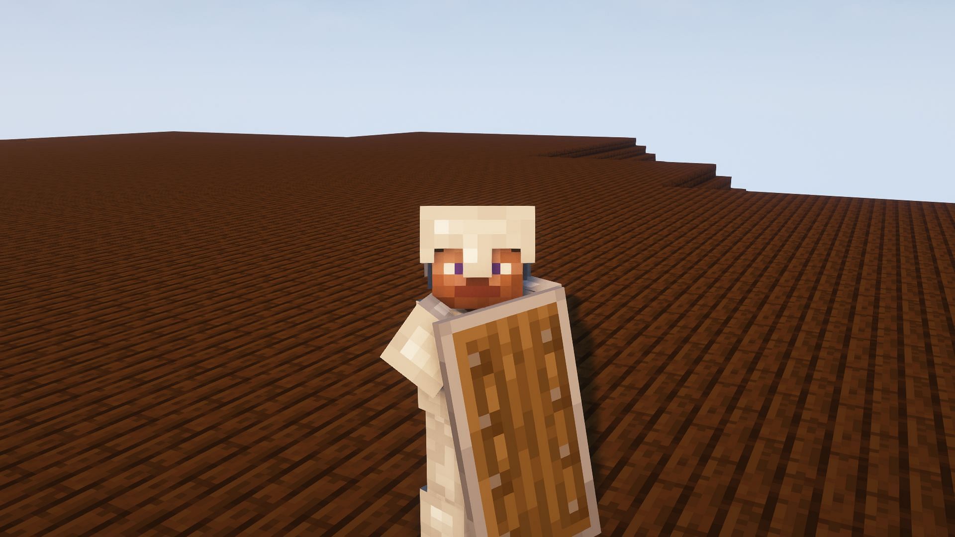 Steve with a shield equipped (Image via Minecraft)