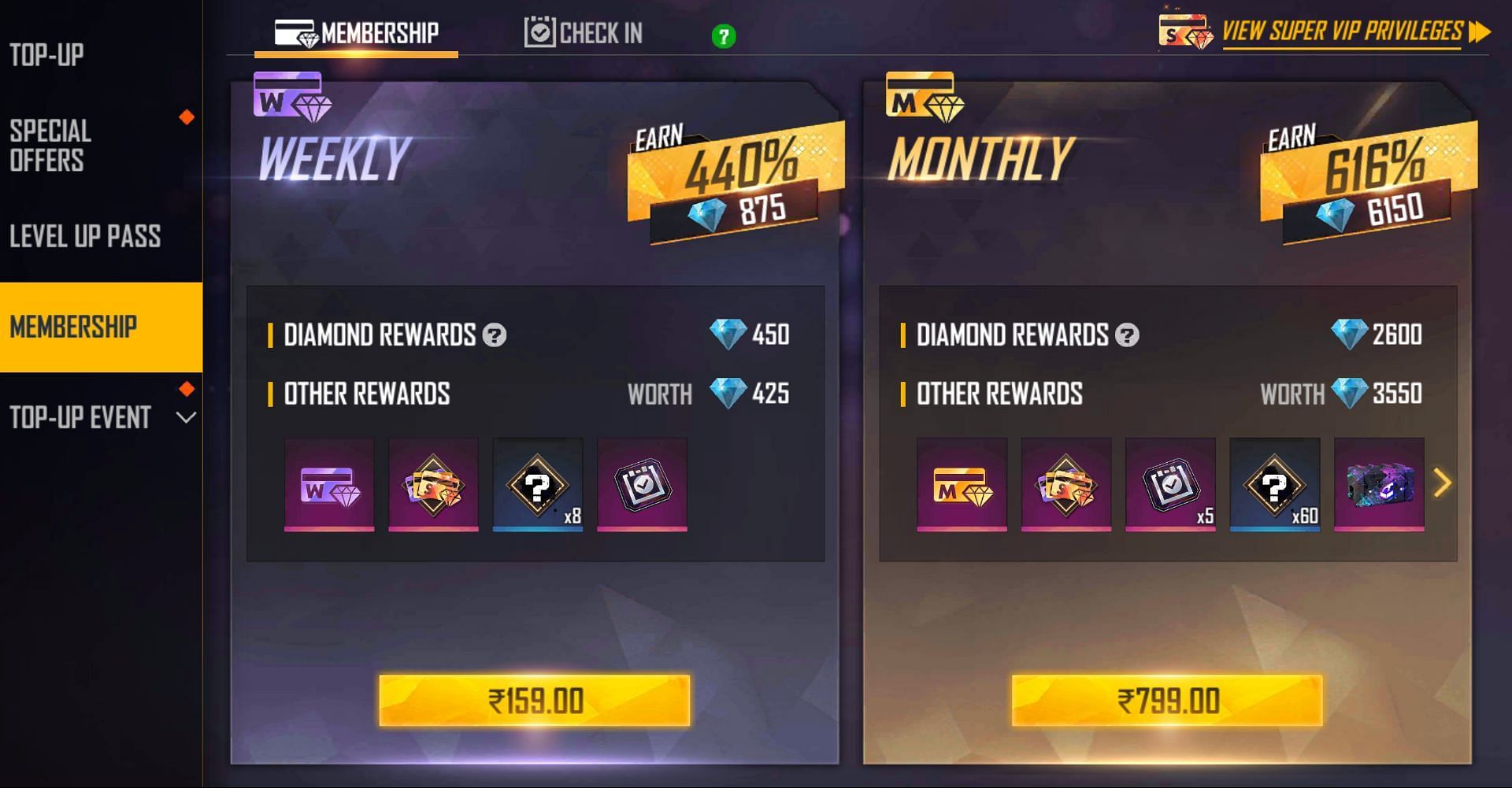 Weekly and Monthly Memberships allows players to acquire diamonds for cheap (Image via Free Fire)