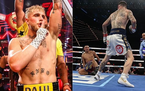 Jake Paul (left) and Teofimo Lopez vs George Kambosos (right) [Image credits: @espnringside on Twitter and @jakepaul on Instagram]