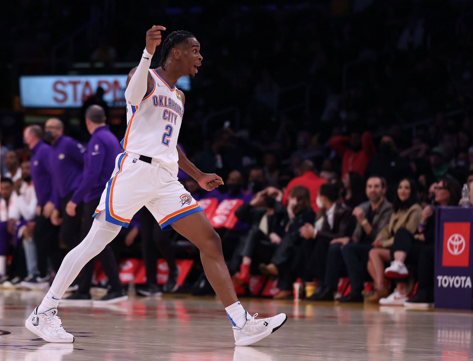 Shai Gilgeous-Alexander #2 of the Oklahoma City Thunder reacts to his three pointer during a 107-104 Oklahoma City Thunder win at Staples Center on November 04, 2021 in Los Angeles, California.