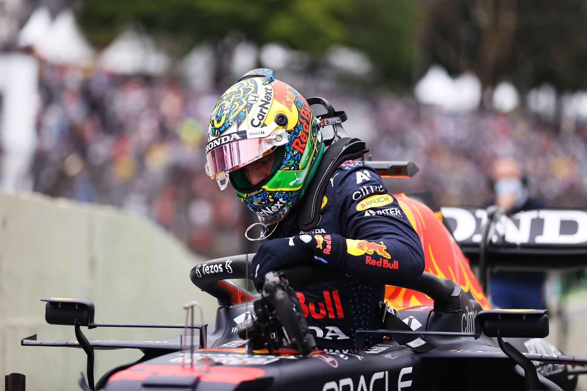 Max Verstappen climbs from his car in parc ferme 2021 Brazil GP qualifying. (Photo by Lars Baron/Getty Images)