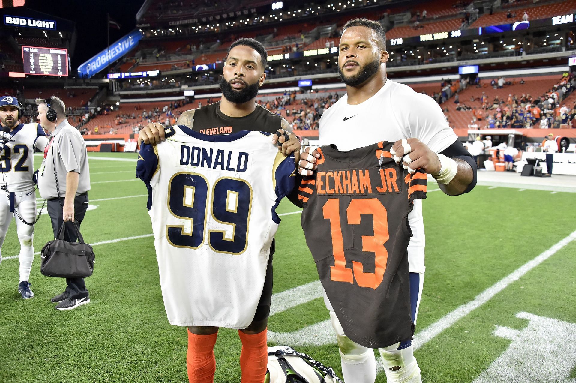 Odell Beckham Jr. (L) poses with new teammate Aaron Donald after a 2019 game (Photo: Getty)