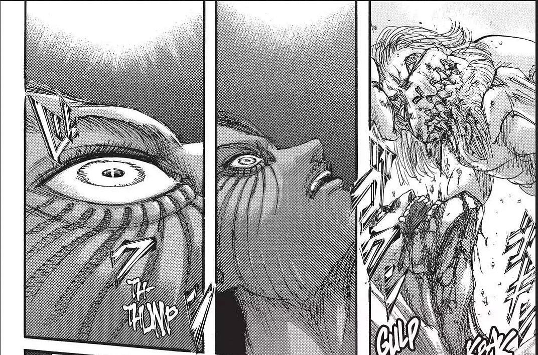 Eren&#039;s pupils focus and heart thumps upon consuming the Warhammer Titan, as mentioned above, seen in the Attack on Titan manga (Image via Kodansha)