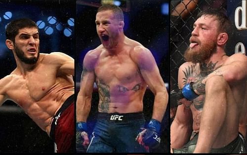 Islam Makhachev (left), Justin Gaethje (centre), and Conor McGregor (right)