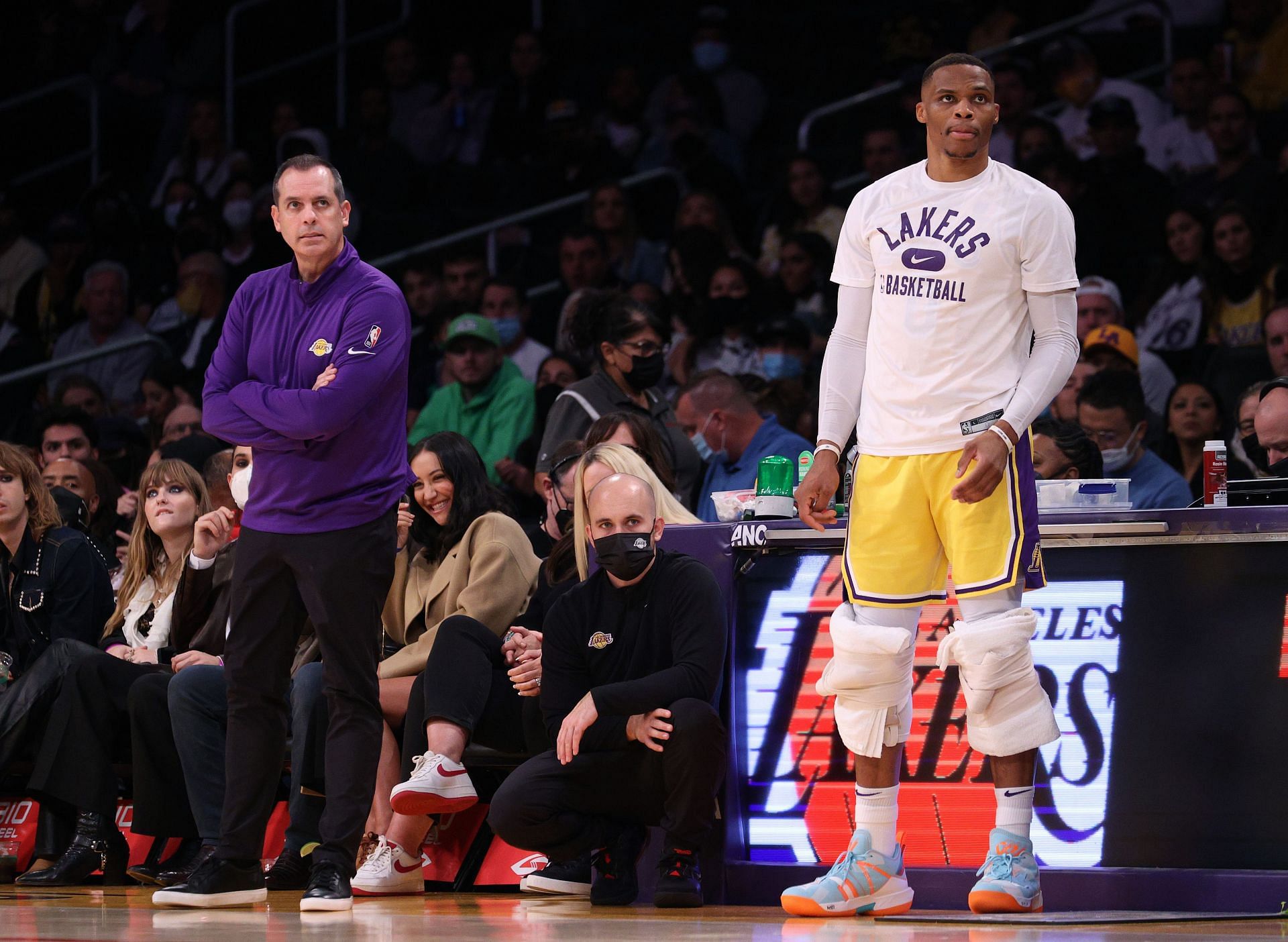 Frank Vogel and Russell Westbrook of the Los Angeles Lakers