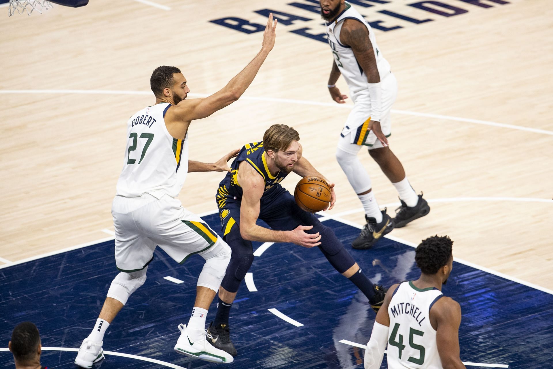 Rudy Gobert of the Utah Jazz and Domantas Sabonis of the Indiana Pacers