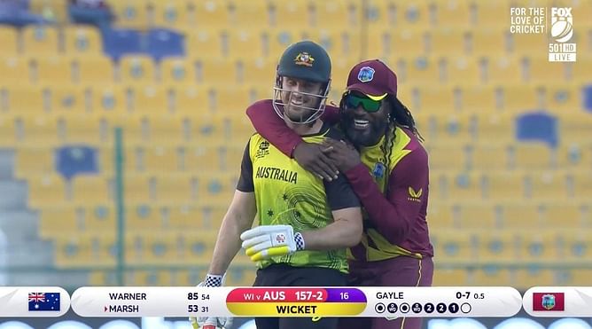 T20 World Cup 2021: [Watch] West Indies' Chris Gayle dismisses Australia's Mitchell Marsh and then hugs him from behind while joyfully celebrating