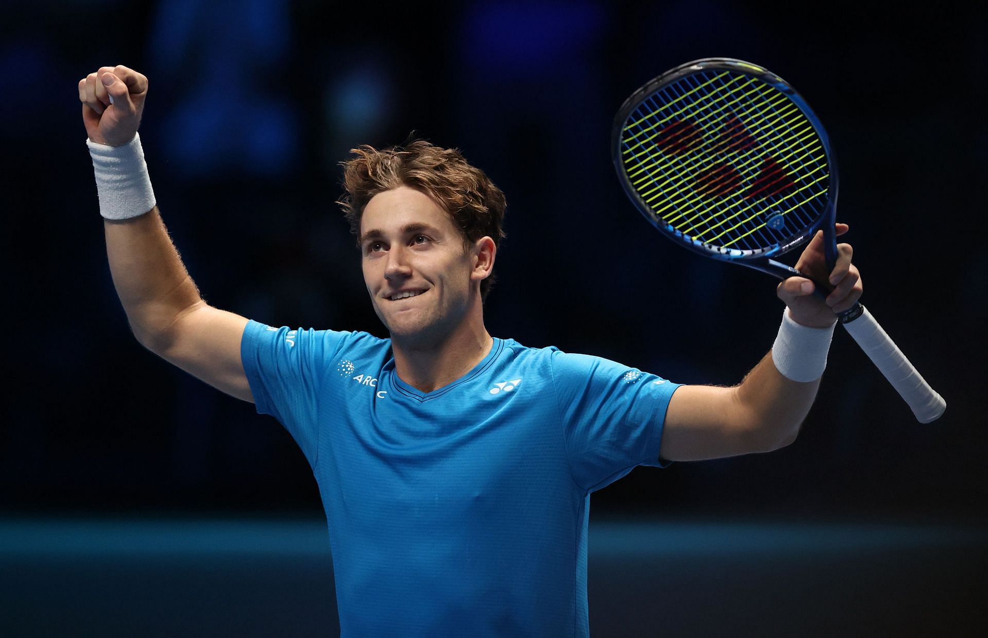 Casper Ruud celebrates his win over Andrey Rublev at the Nitto ATP World Tour Finals