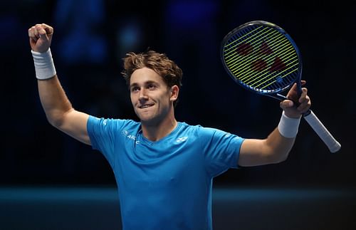 Casper Ruud celebrates his win over Andrey Rublev at the Nitto ATP World Tour Finals