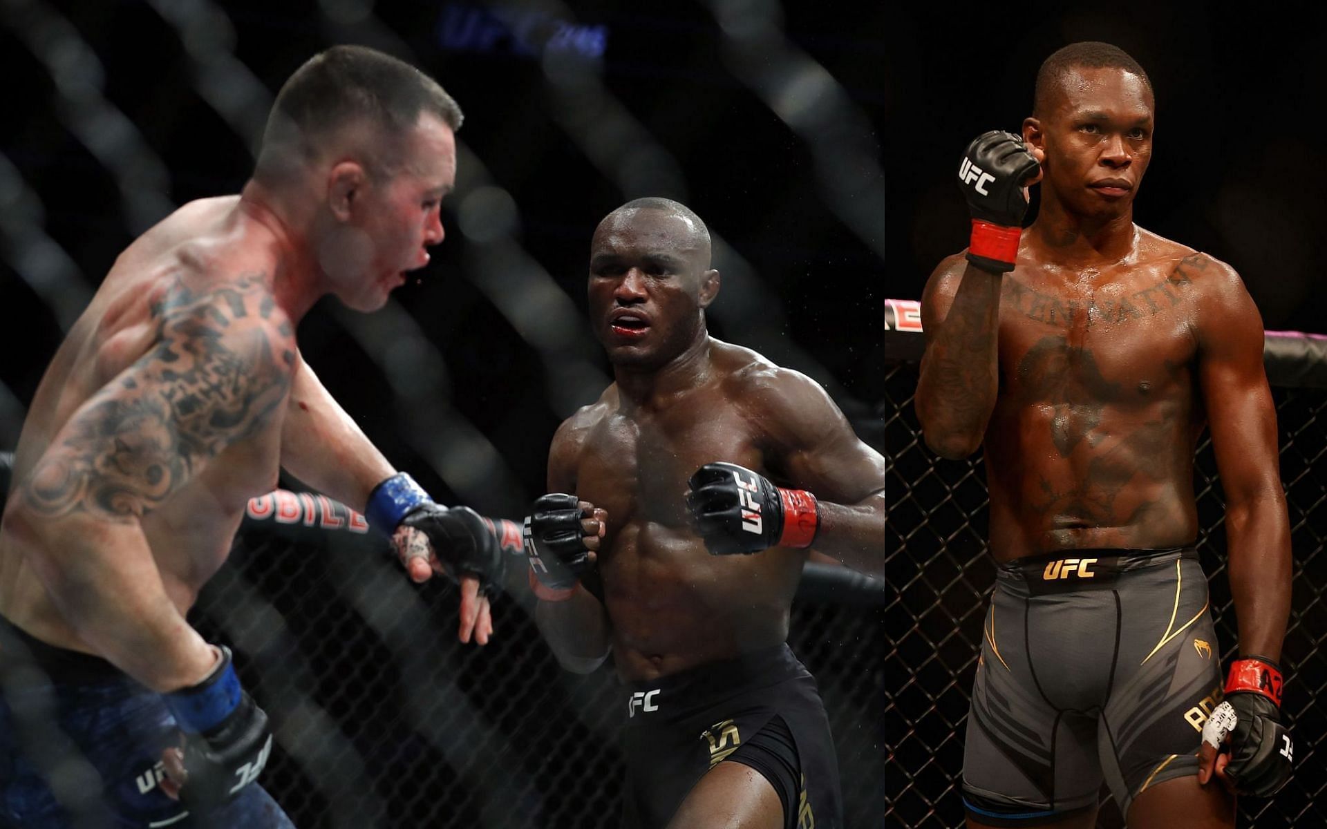 Colby Covington (left), Kamaru Usman (center), and Israel Adesanya (right)