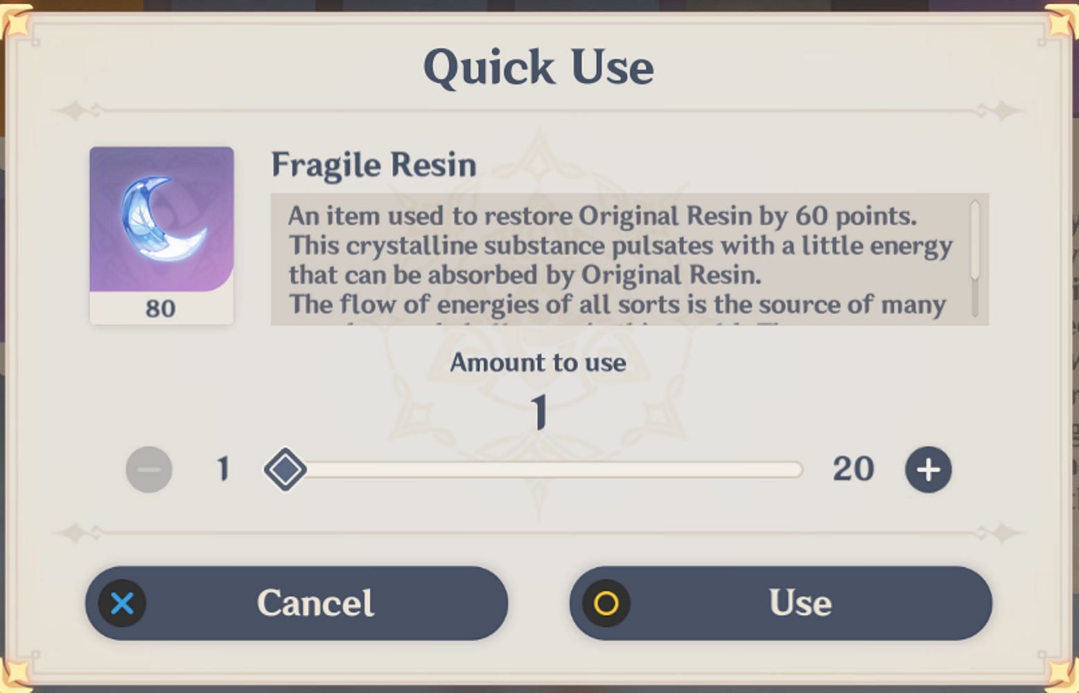 Players can use up to 20 Fragile Resin at a time (Image via Genshin Impact)