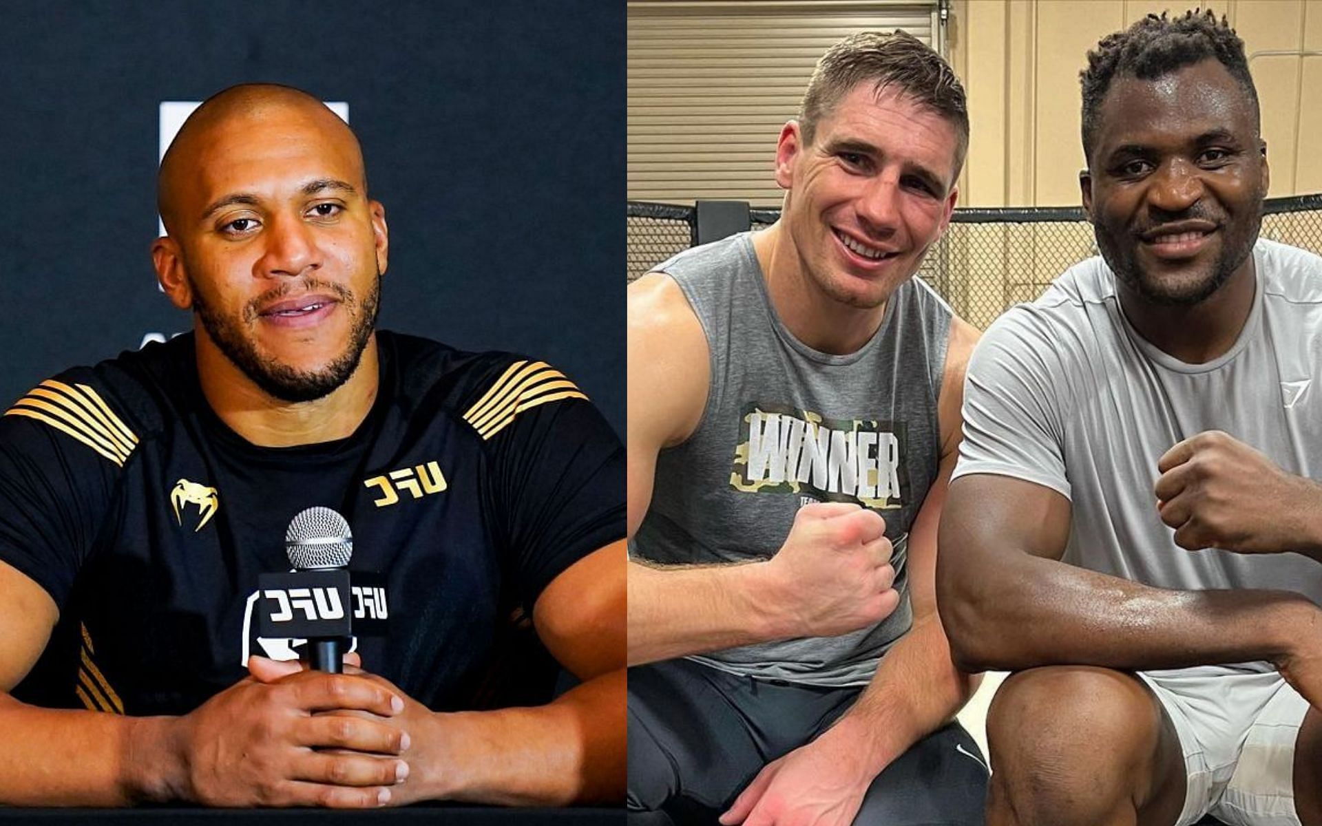 Ciryl Gane (left); Rico Verhoeven (centre) poses along with Francis Ngannou (right)[Image via. instagram/francisngannou