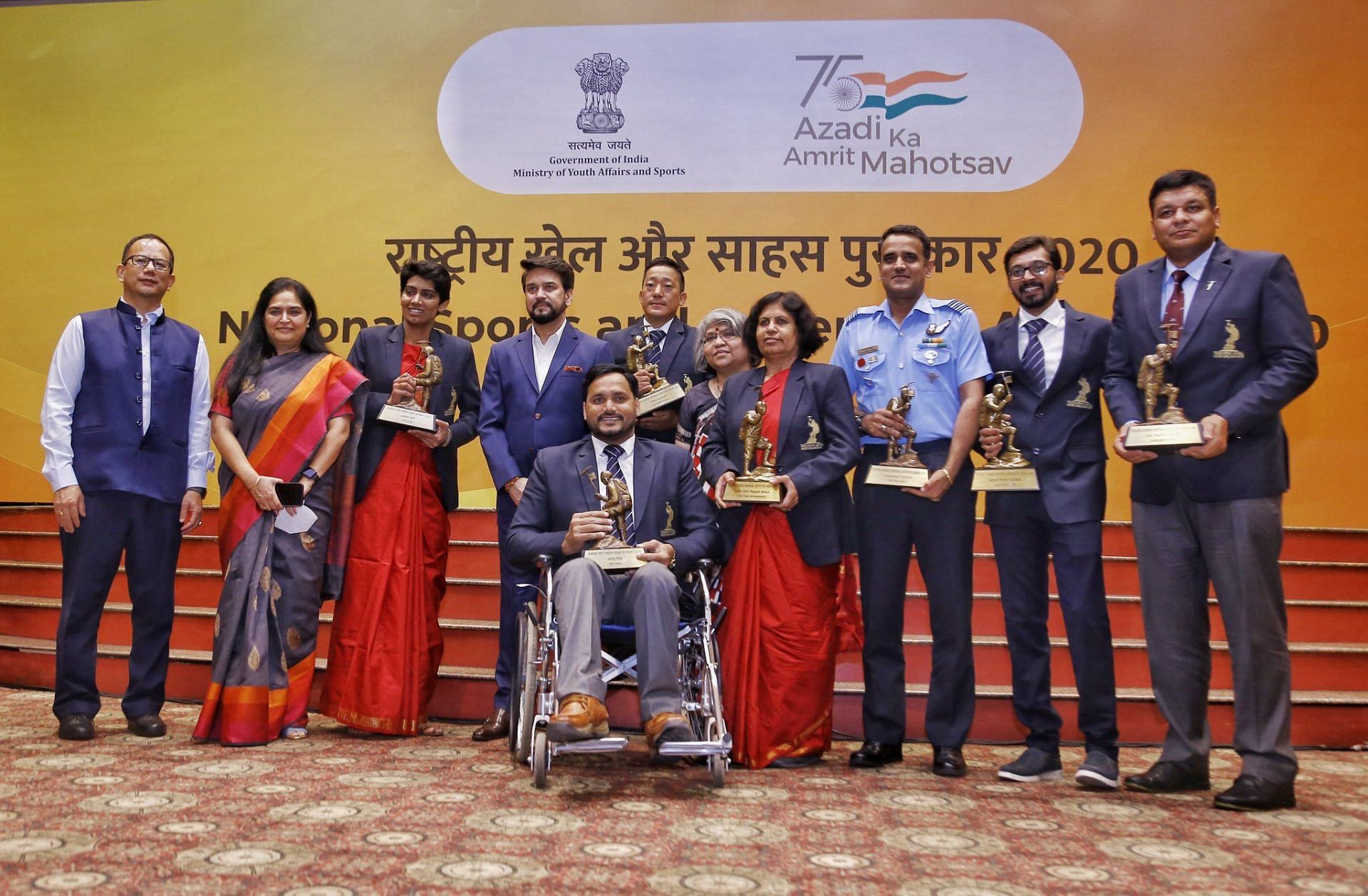  Anurag Thakur felicitates the recipients of Dhyan Chand Award 2020, Tenzing Norgay National Adventure Award, Rashtriya Khel Protsahan Puruskar 2020 &amp; MAKA Trophy at the National Sports Awards 2020 ceremony (Image credits: SAI)