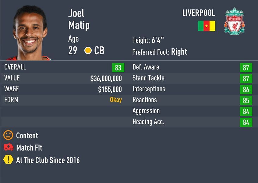 Matip&#039;s base rating is his maximum potential (Image via Sportskeeda)