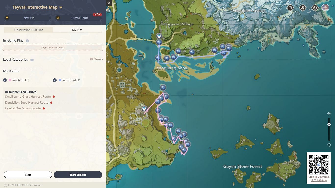 Create routes before farming materials (Image via Genshin Impact interactive map)