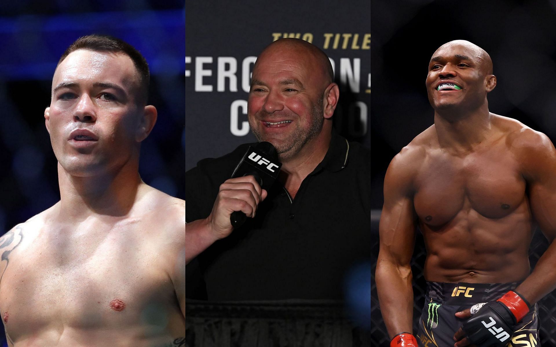 Colby Covington (left); Dana White (centre); Kamaru Usman (right)