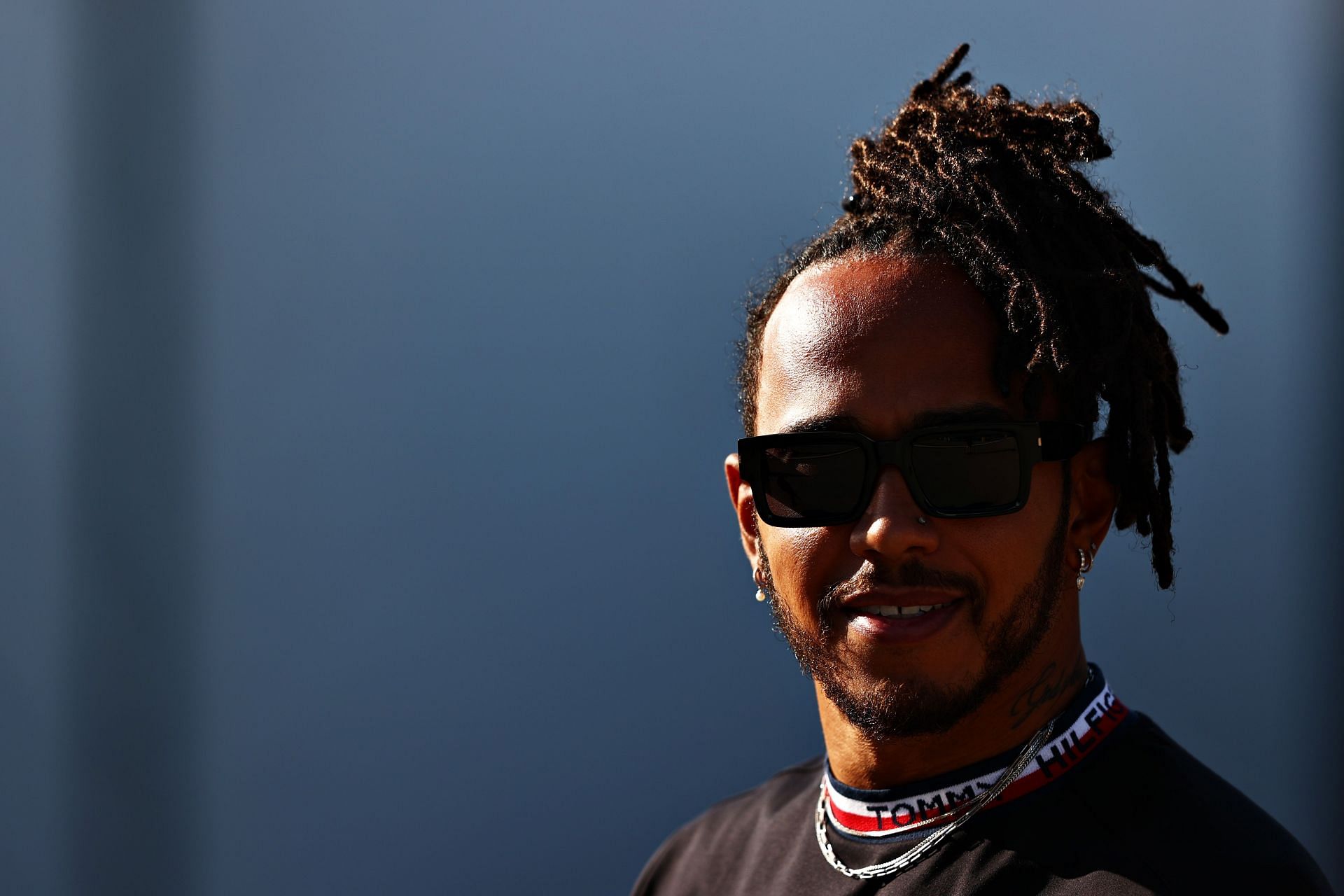 Lewis Hamilton in the F1 Paddock. (Photo by Mark Thompson/Getty Images)