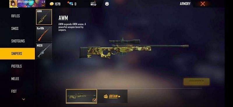 The AWM sniper rifle in Free Fire (Image via Garena)