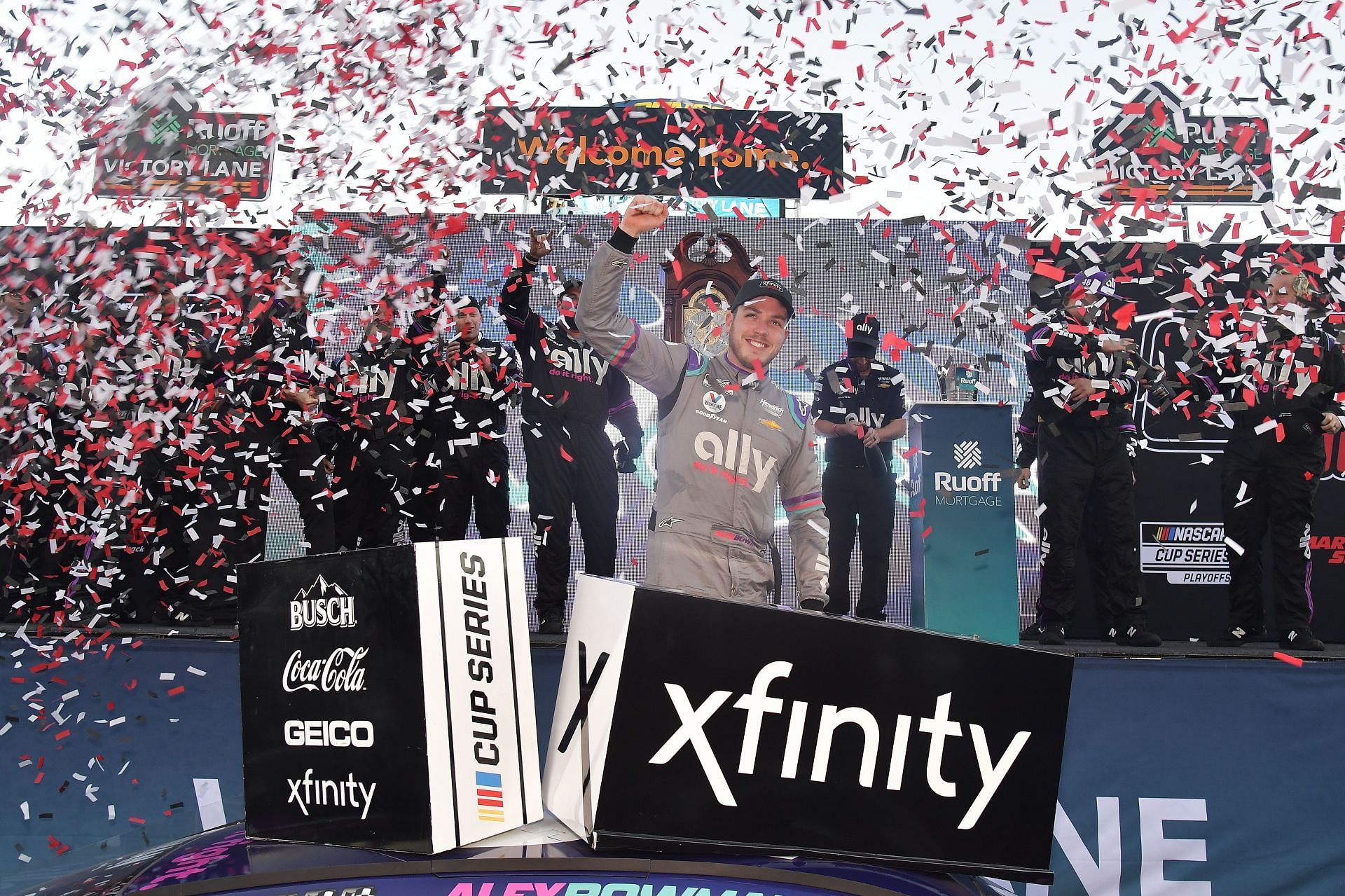Alex Bowman, driver of the #48 Ally Chevrolet, celebrates in the Ruoff Mortgage victory lane after winning the NASCAR Cup Series Xfinity 500 at Martinsville Speedway on October 31, 2021 in Martinsville, Virginia. (Photo by Logan Riely/Getty Images)