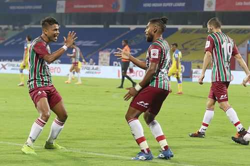 Roy Krishna (C) celebrating with Prabir Das in the season opener against Kerala Blasters in ISL 2020-21 (Image courtesy: Indian Super League)