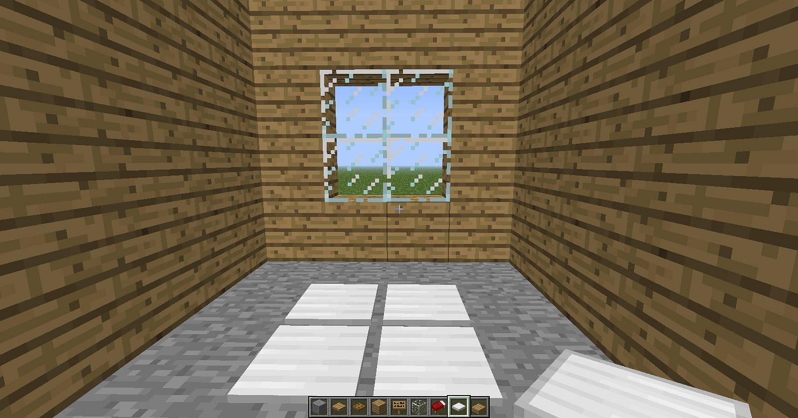 Un jugador usa placas de presión de hierro para crear la ilusión de la luz solar proyectada en el piso a través de una ventana (Imagen a través de Mojang)