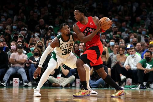 Marcus Smart of the Boston Celtics defends OG Anunoby of the Toronto Raptors.