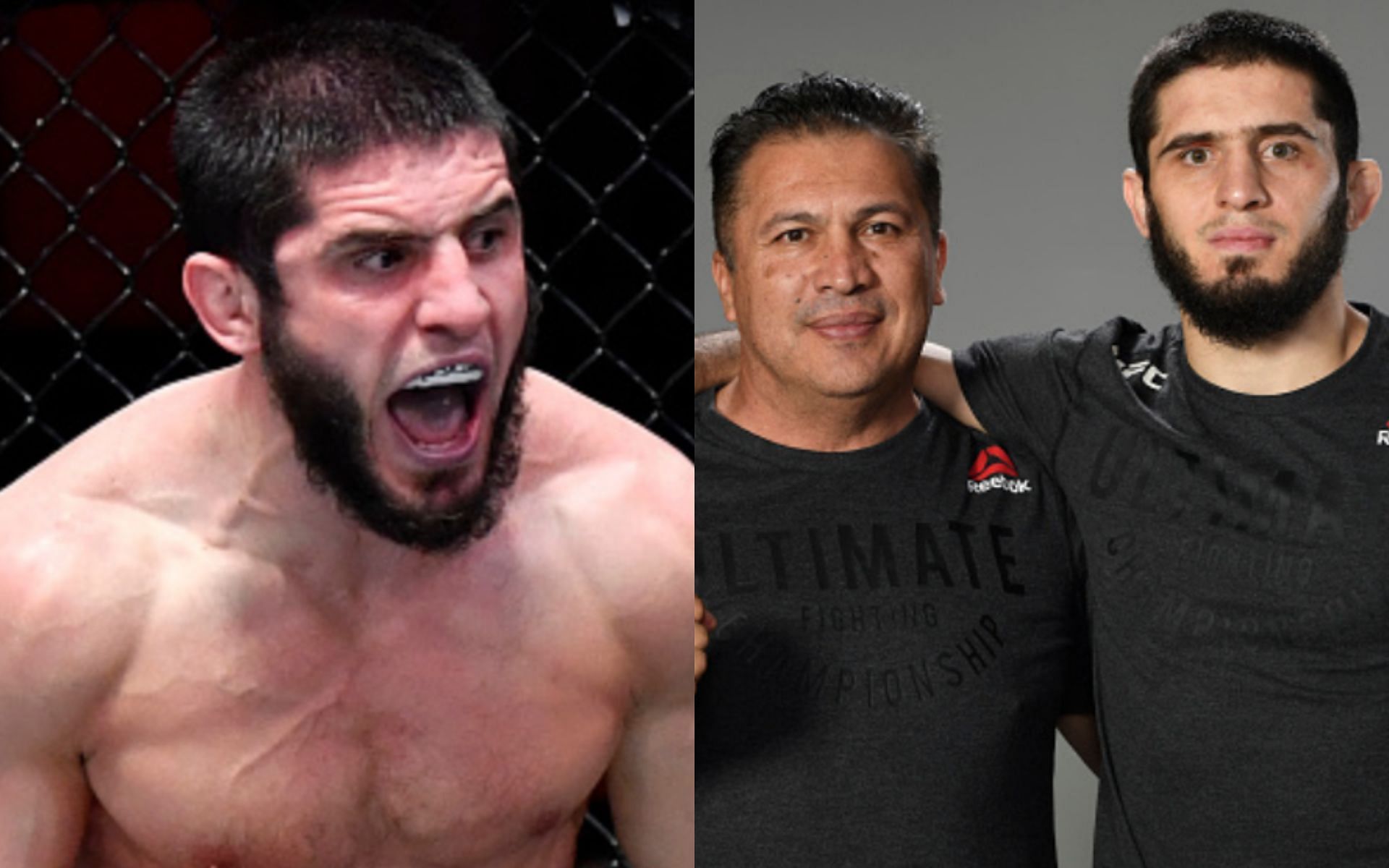 Islam Makhachev (left and right); Javier Mendez (center)