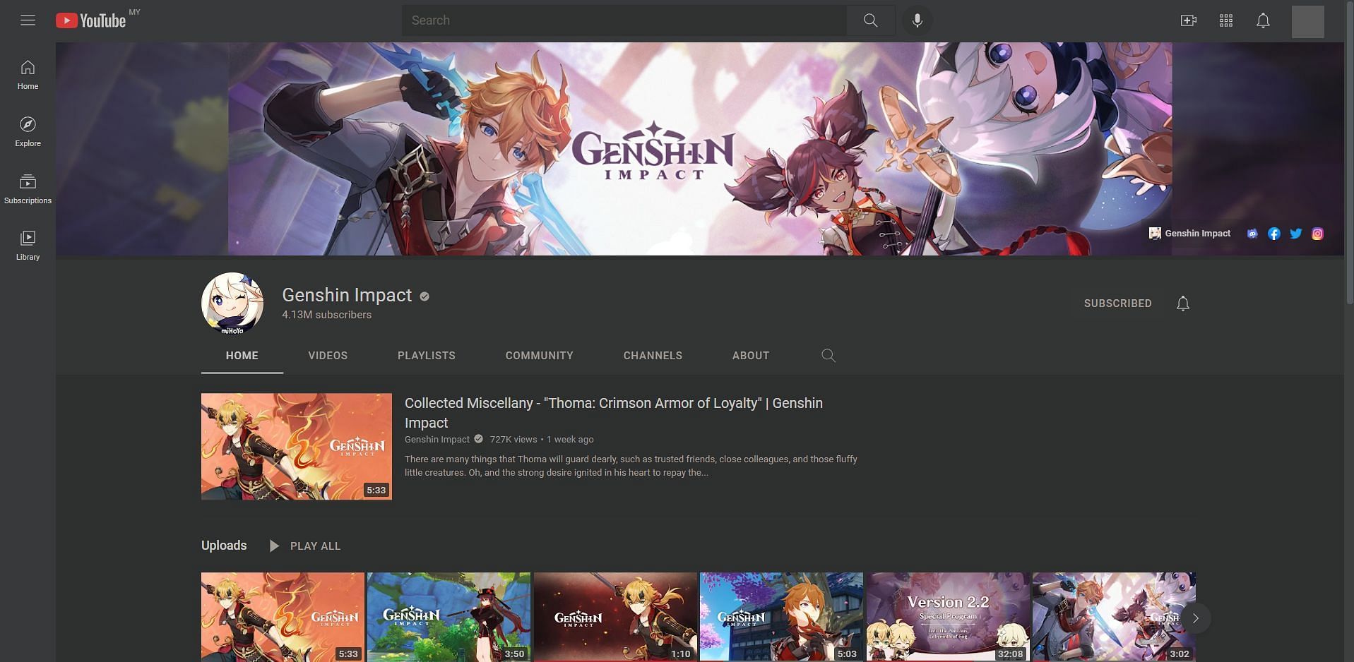 The Genshin Impact official YouTube account (Image via YouTube)