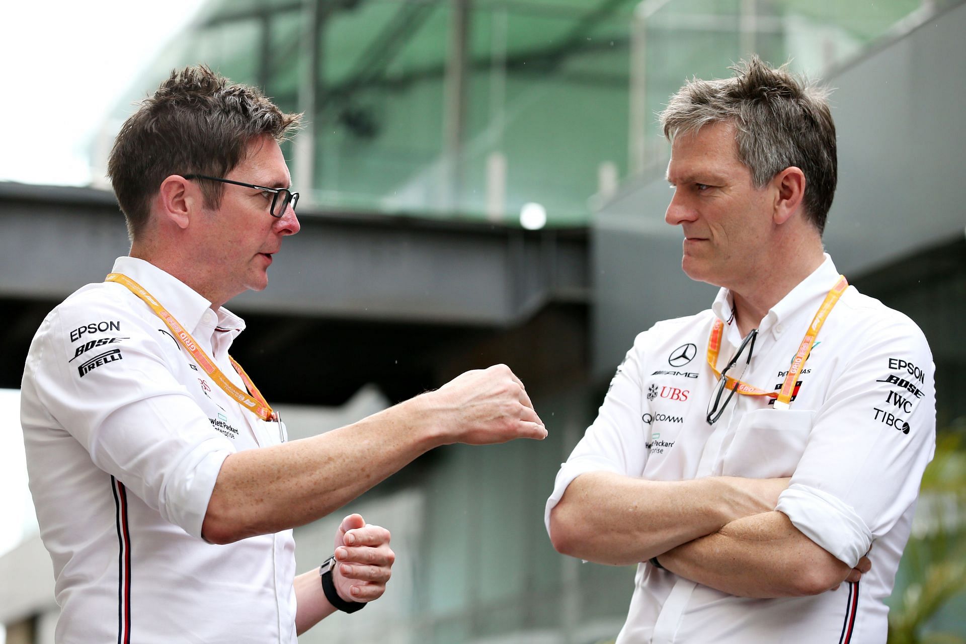 Mercedes GP Engineer Andrew Shovlin (L) talks with James Allison (R), Technical Director at Mercedes GP ahead of the F1 Grand Prix of Brazil